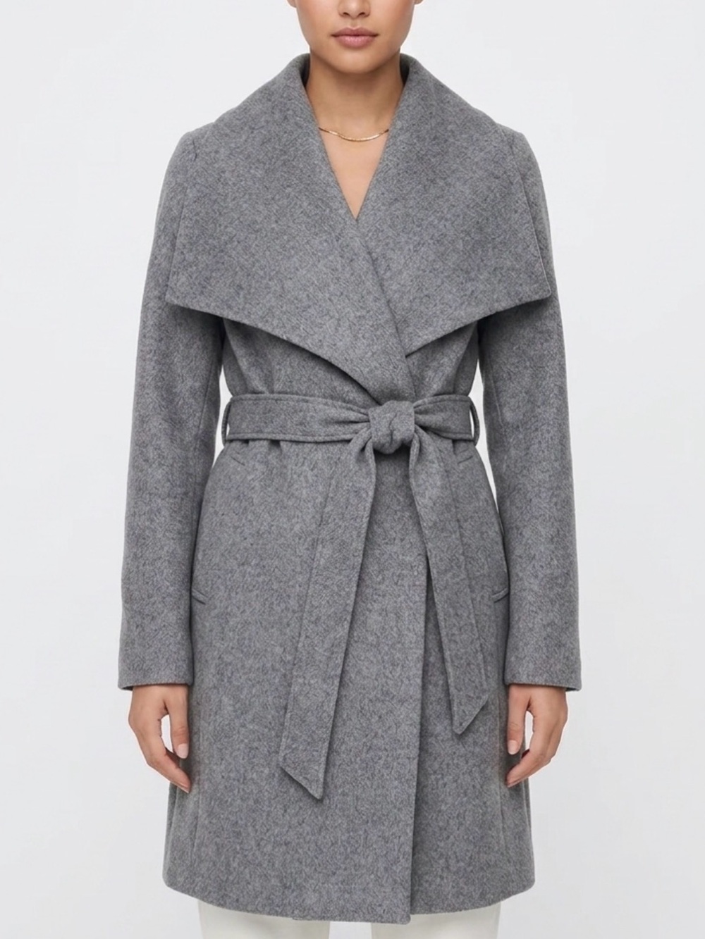 Tahari Gray Wool Blend Tie Waist Wrap Coat